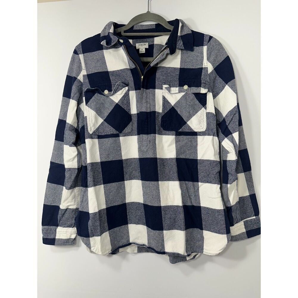 J.Crew Women’s Small Buffalo Plaid Flannel Shirt Navy White Half Zip Pullover